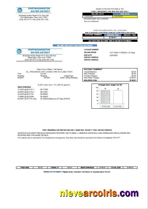 USA New York Port Washington Water District business utility bill